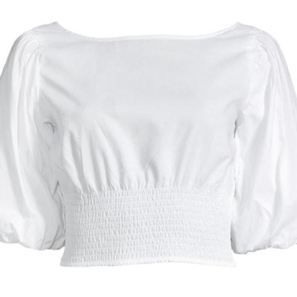 NWT BB DAKOTA SMOCKED PUFF-SLEEVE COTTON POPLIN TOP WHITE SMALL - Picture 5 of 6